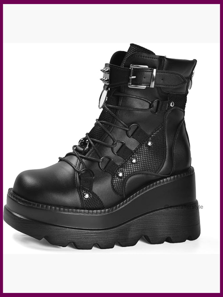 Chunky Platform Combat Ankle Boots With Side Zip Lace Up Wedge